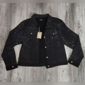 Phoebe Couture Black Allover Bedazzled Jean Jacket